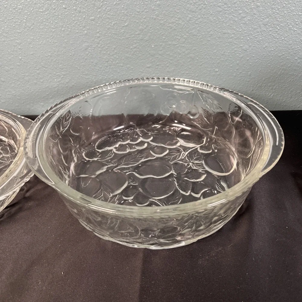 Libbey ORCHARD FRUIT Clear Glass 3 QT Round Casserole Baking Dish, Pie Plate Lid